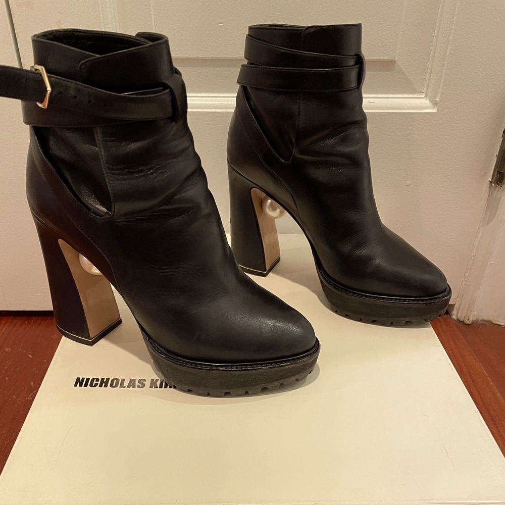 Nicholas Kirkwood black leather platform boots with pearl embellishments